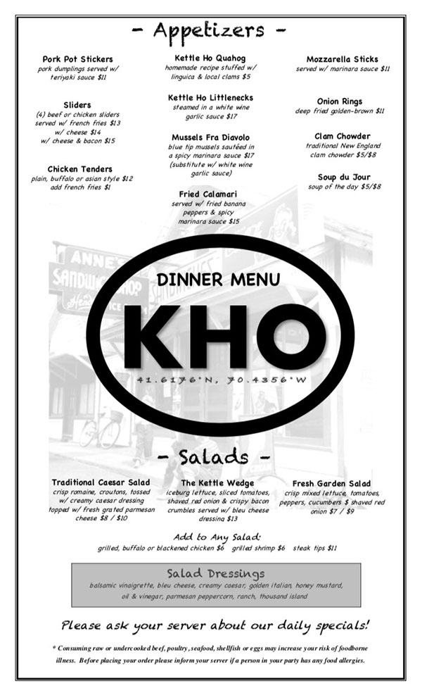 Kettle Ho Dinner Menu 2019